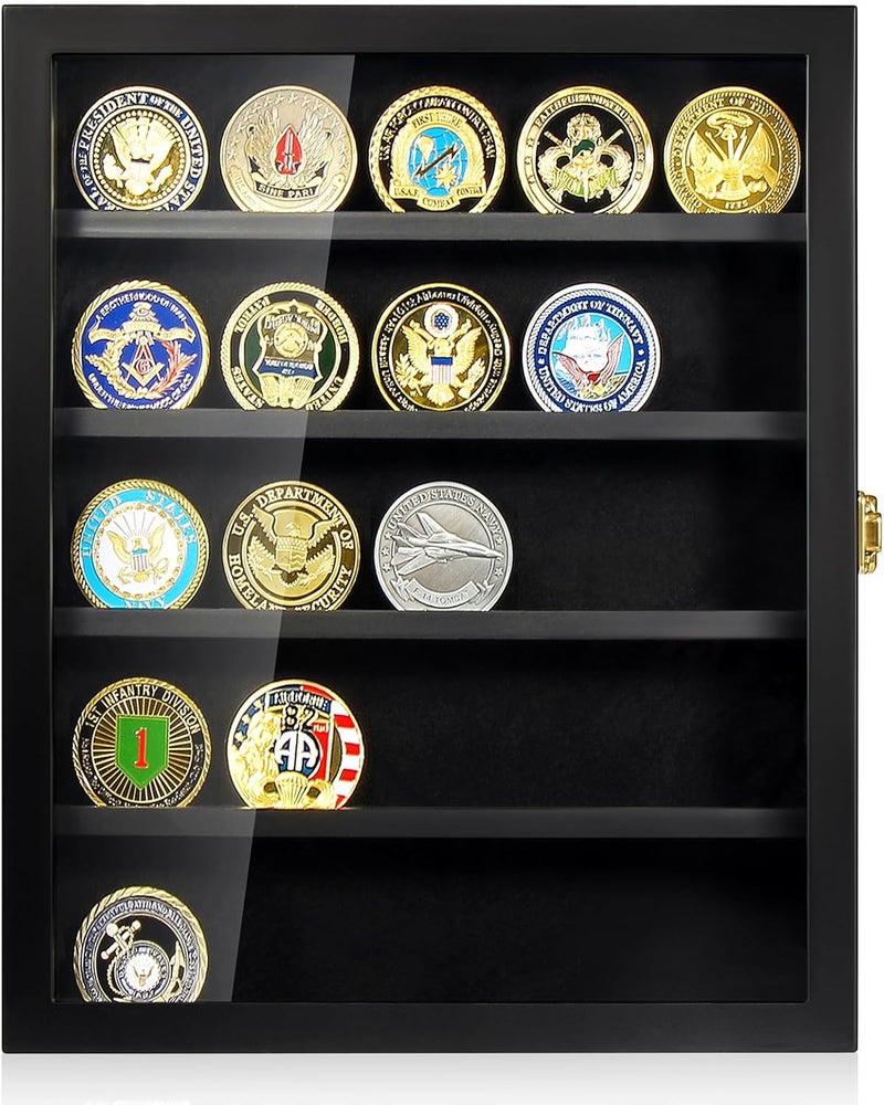 TJMOREE Military Challenge Coin Display Case, Coin Display Holder Wall Mount with Removable Shelves, Shadow Box for Medals Pin Badges Buttons - Image 2